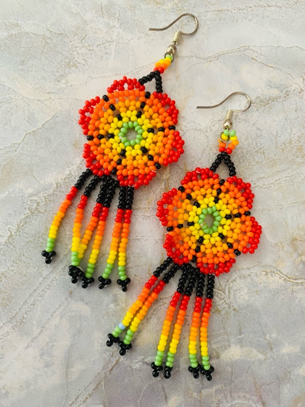 Handmade Mexican Huichol Seed Bead Floral Fringe Earrings
